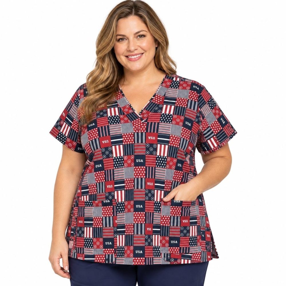 Tunic Blouse Womens 2XL Multicolor USA Flag Patriotic V Neck Short Sleeve Top